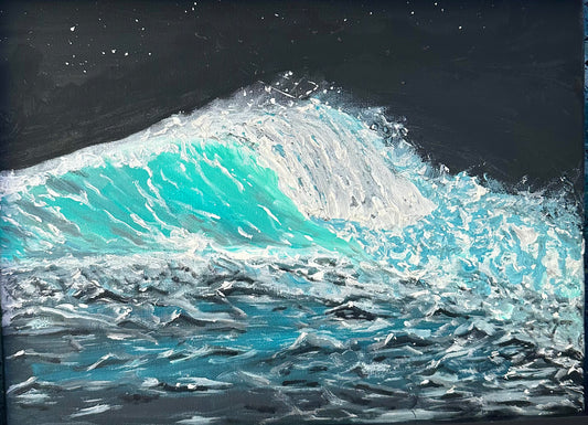 Acrylic painting of sea at night