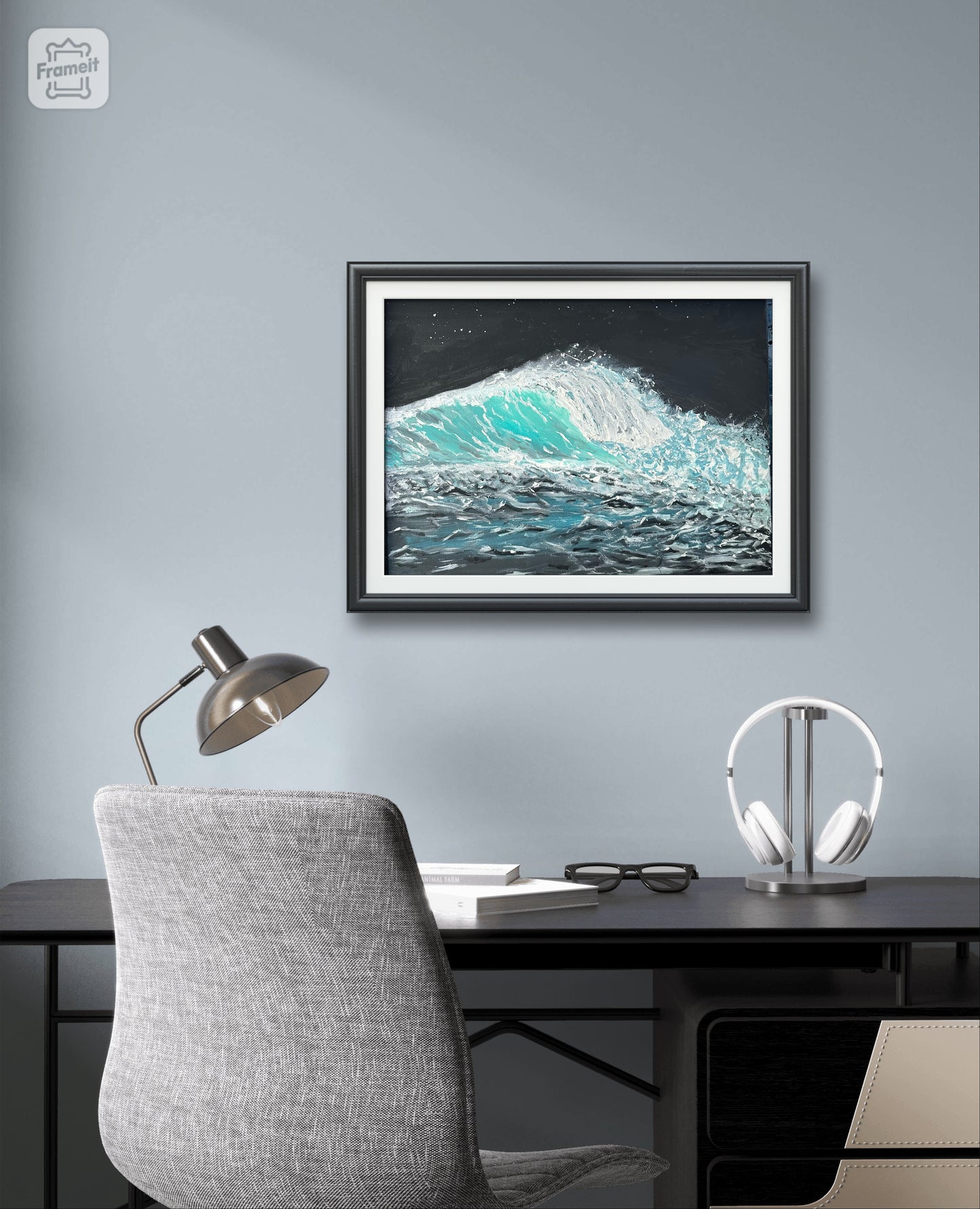 Acrylic painting of sea at night
